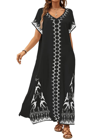Bsubseach Kaftan Dresses for Women Swimsuit Coverup Beach Caftans Cover Ups for Swimwear Loungewear Bird Embroidery Black
