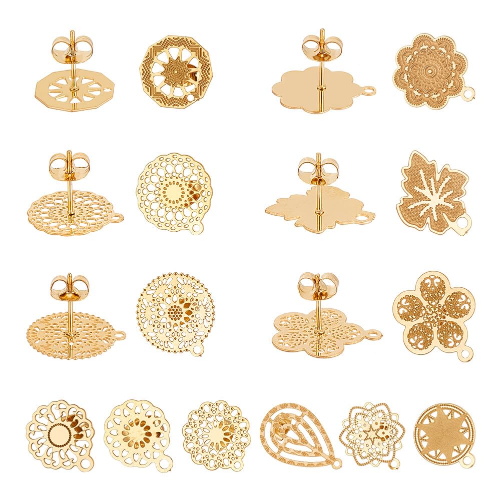 UNICRAFTALE About 24pcs 12 Styles Golden Bohemian Stud Earring Findings Stainless Steel Ear Stud Component with Loop Butterfly Stoppers 0.7mm Pin Mixed Shapes Earring for Jewelry Making Hole 1mm