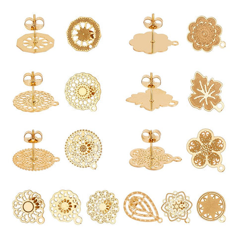 UNICRAFTALE About 24pcs 12 Styles Golden Bohemian Stud Earring Findings Stainless Steel Ear Stud Component with Loop Butterfly Stoppers 0.7mm Pin Mixed Shapes Earring for Jewelry Making Hole 1mm
