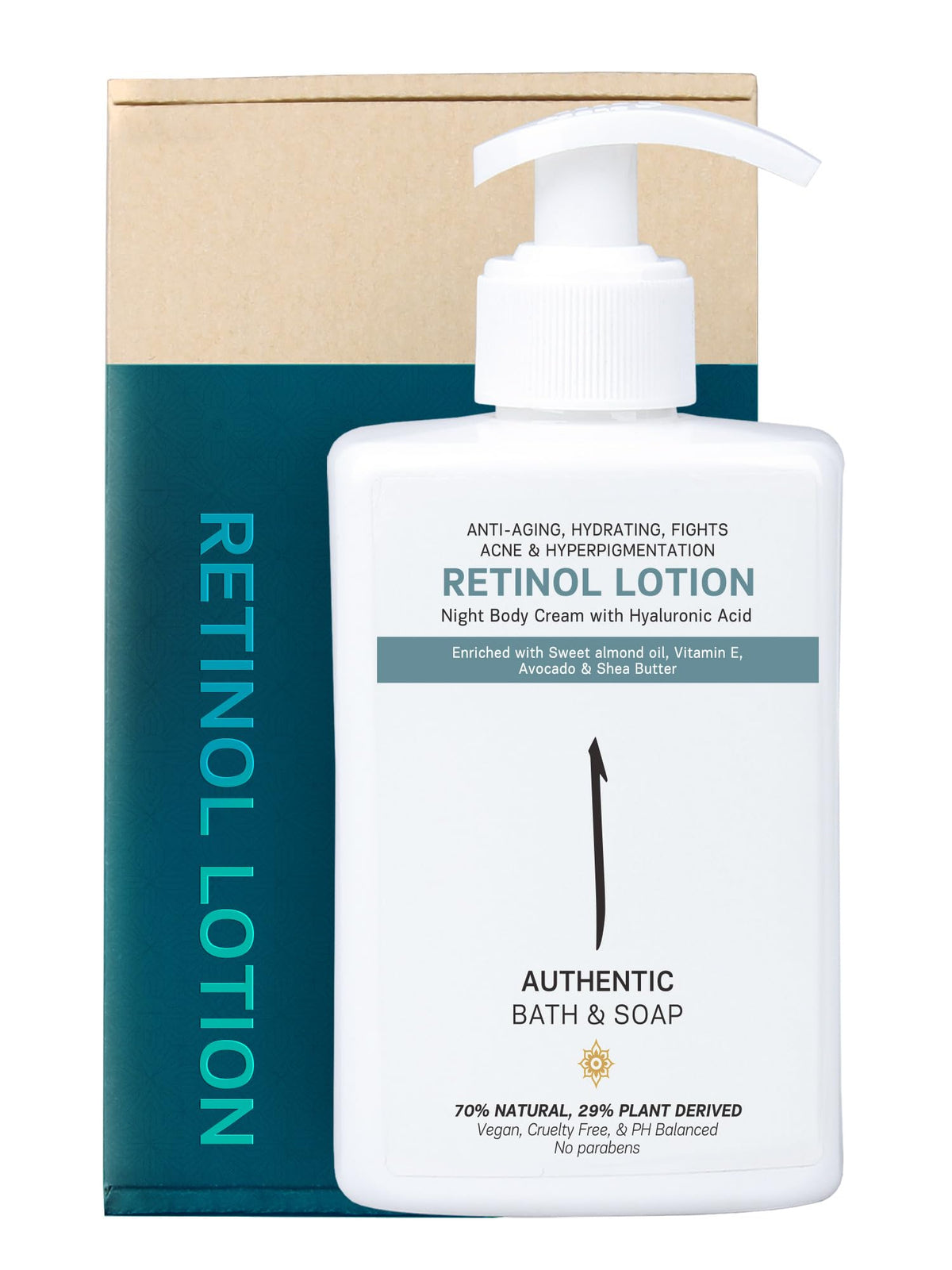 AUTHENTIC BATH & SOAP Natural Retinol Night Body Lotion with Vitamin E & Hyaluronic Acid for Men & Women. Anti-Aging, Boosts Collagen Production, Reduce Wrinkles, Fast Absorbing, PH Balanced. 300 ml