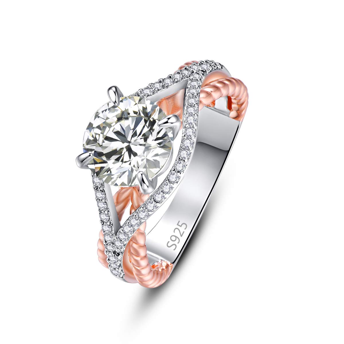 Empsoul 925 Sterling Silver Ring Round Cut White Topaz Crossover Rose Gold Weave Wedding Engagement Ring Size 7