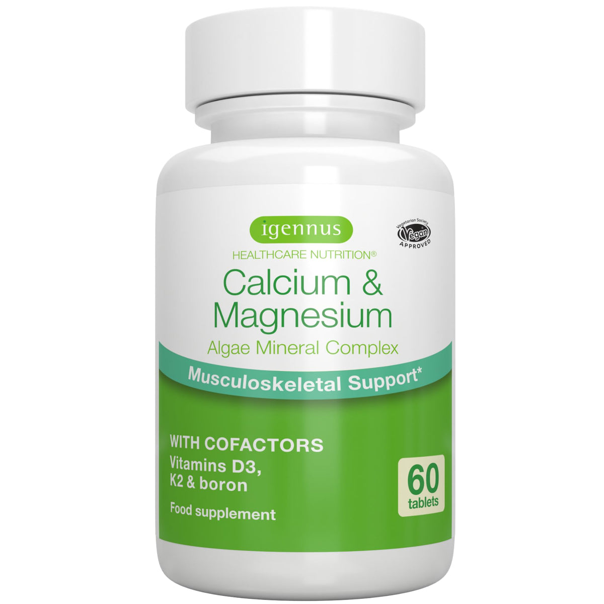 High Absorption Algae Calcium & Magnesium Supplement, Plus Vitamin D, K2 & Boron, Clean Label & Plant Based, Non-GMO Algae Mineral Complex for Bone & Teeth Support, Vegan, 60 Tablets, by Igennus