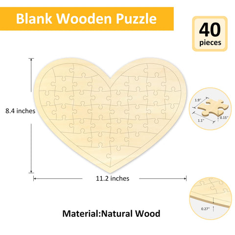 Blank Puzzle Heart Shape with 40 Pieces, Blank Heart Wooden Jigsaw Puzzle with Puzzle Tray for Crafts & DIY, Custom Puzzle 11.2x8.4 Inches 1 Pack