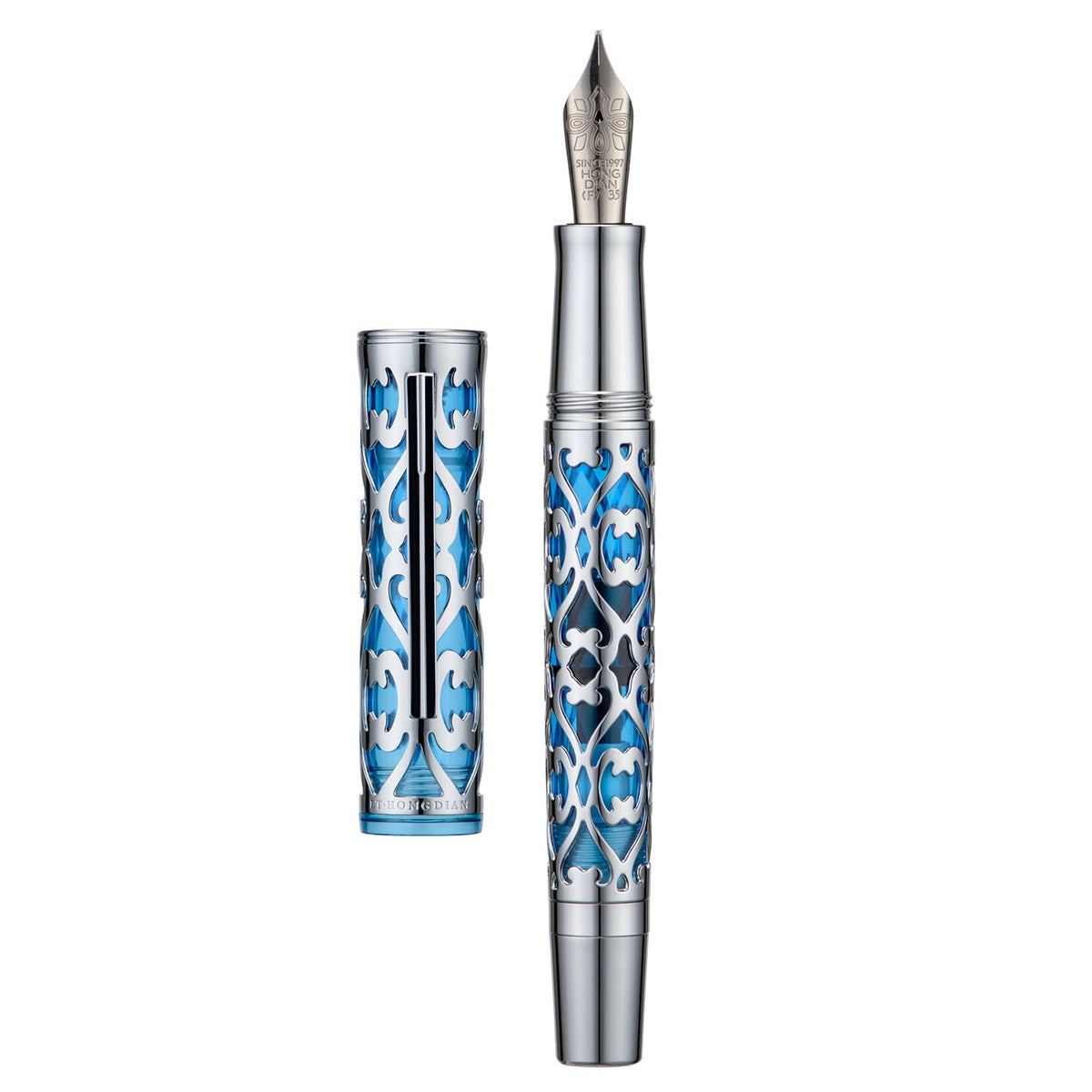 Hongdian D1 Piston Fountain Pen Extra Fine Soft Nib, Silver Blue Hollow Skeleton & Resin Pen with Metal Case Set