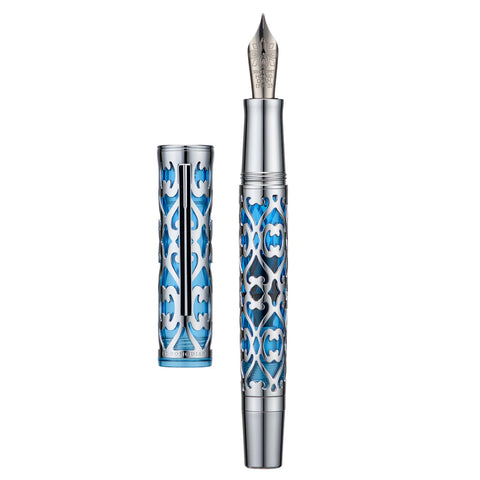Hongdian D1 Piston Fountain Pen Extra Fine Soft Nib, Silver Blue Hollow Skeleton & Resin Pen with Metal Case Set