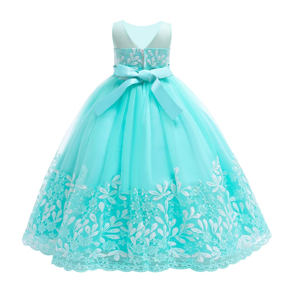Flower Girl Lace Dress for Kids Wedding Bridesmaid Pageant Party Formal Long Maxi Gown Big Little Princess Communion Birthday Prom Beaded V-Back Bowknot Puffy Tulle Dresses Green - V-Back 11-12 Years