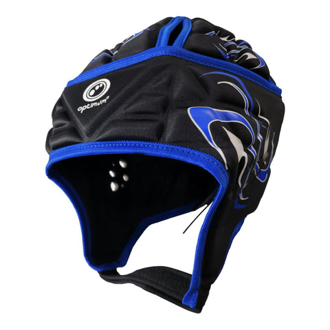 Optimum Unisex Senior Inferno Headguard - Scrum Cap Coverage Soft-Edged - Breathable Protective Headgear - Comfortable Anti-Collision Helmet - Lightweight Head Protector-Black/Blue, Medium