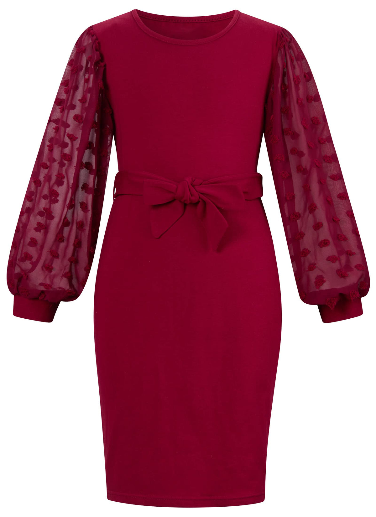 ALLIFly Girls Mesh Long Sleeve Elegant Dress Kids Self Belted Bodycon Dresses 7-12 Years, Burgundy, 11-12 Years