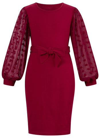 ALLIFly Girls Mesh Long Sleeve Elegant Dress Kids Self Belted Bodycon Dresses 7-12 Years, Burgundy, 11-12 Years