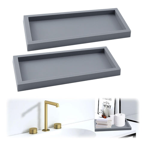 2Pcs Bathroom Tray, Bathroom Tray Organiser Toilet Tank Storage Tray Silicone Vanity Tray Rectangular Plate Tray Countertop Organizer for Counter Decor Dresser Tops (Grey, 20 * 10 * 1.8CM)