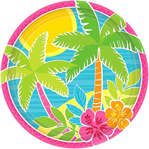 Sun-Sational Summer Luau Party Beach Summer Scene Round Plates Tableware, Paper, 7", Pack of 60