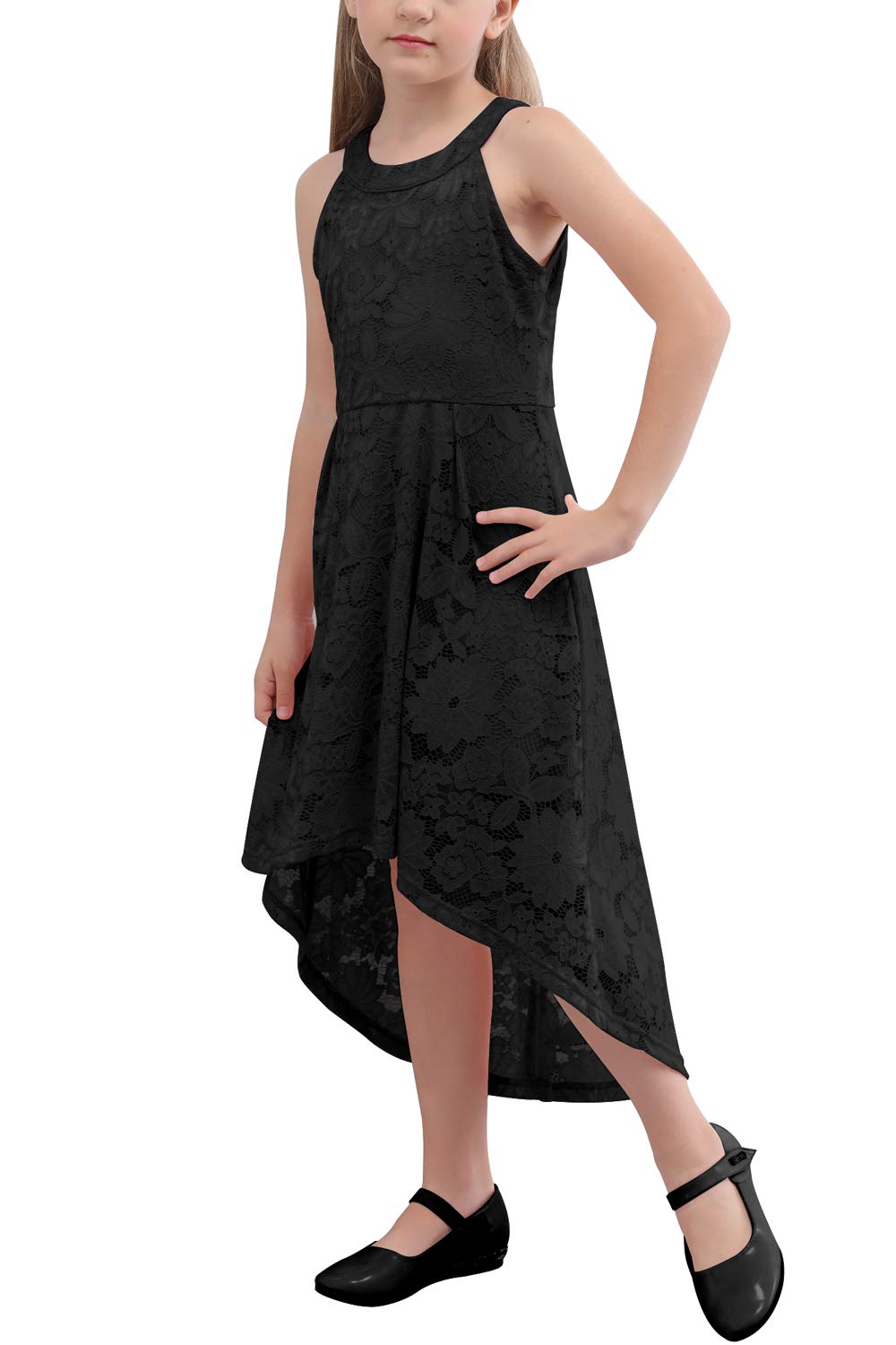 GORLYA Girl's Halter Neck Floral Lace Elegant Sleeveless Party Hi-Lo Flower Girl Dress for 4-14T (Height:55in/9-10Y, Black/27)