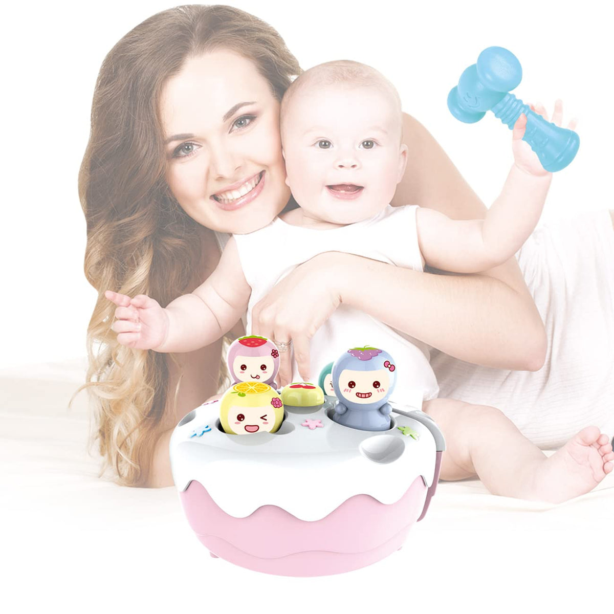 COO11 Kids Handheld Whack-A-Mole Game Machine Electric Hamster, Educational Toy, Fruit Cake Shape, Knocking Music Game with Sound Light, Improves Skills, Educational Fun Game (Pink)