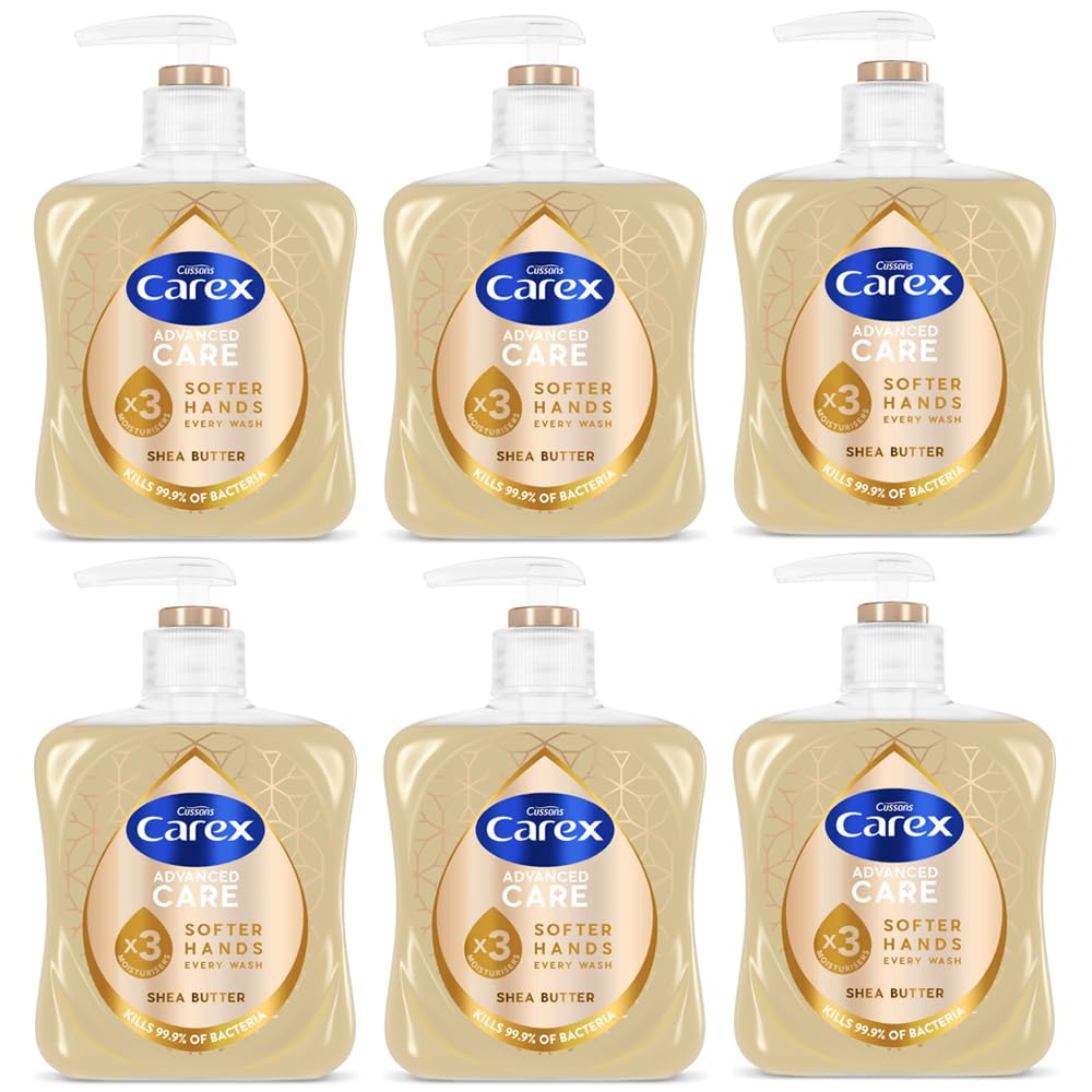 Carex Advanced Care Shea Butter Antibacterial Hand Wash Pack of 6, Hand Soap with 3X moisturisers* for beautifully soft hands. Antibacterial soap with an indulgent fragrance, 250ml. Packaging may vary