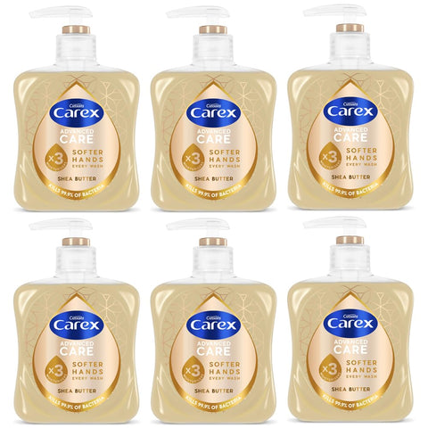 Carex Advanced Care Shea Butter Antibacterial Hand Wash Pack of 6, Hand Soap with 3X moisturisers* for beautifully soft hands. Antibacterial soap with an indulgent fragrance, 250ml. Packaging may vary