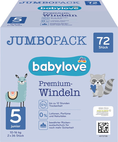 babylove Nappies Premium Active Plus Size 5, Junior 12-25 kg, Jumbo Pack, 2 x 36 Pieces, Pack of 72