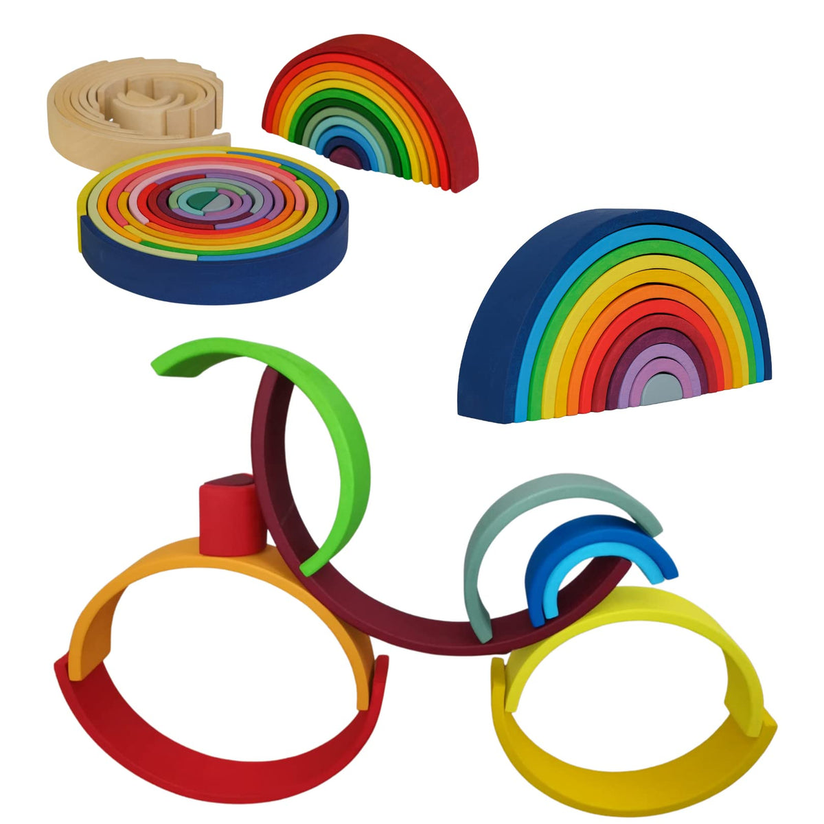 SmartToys4U 12PCS Extra Large (39 cm) Wooden Rainbow Stacker Stacking Toy Nesting Puzzle Arches Educational Geometry Building Blocks Montessori Waldorf Learning Gifts (Blue) (ST12PCS39cm)