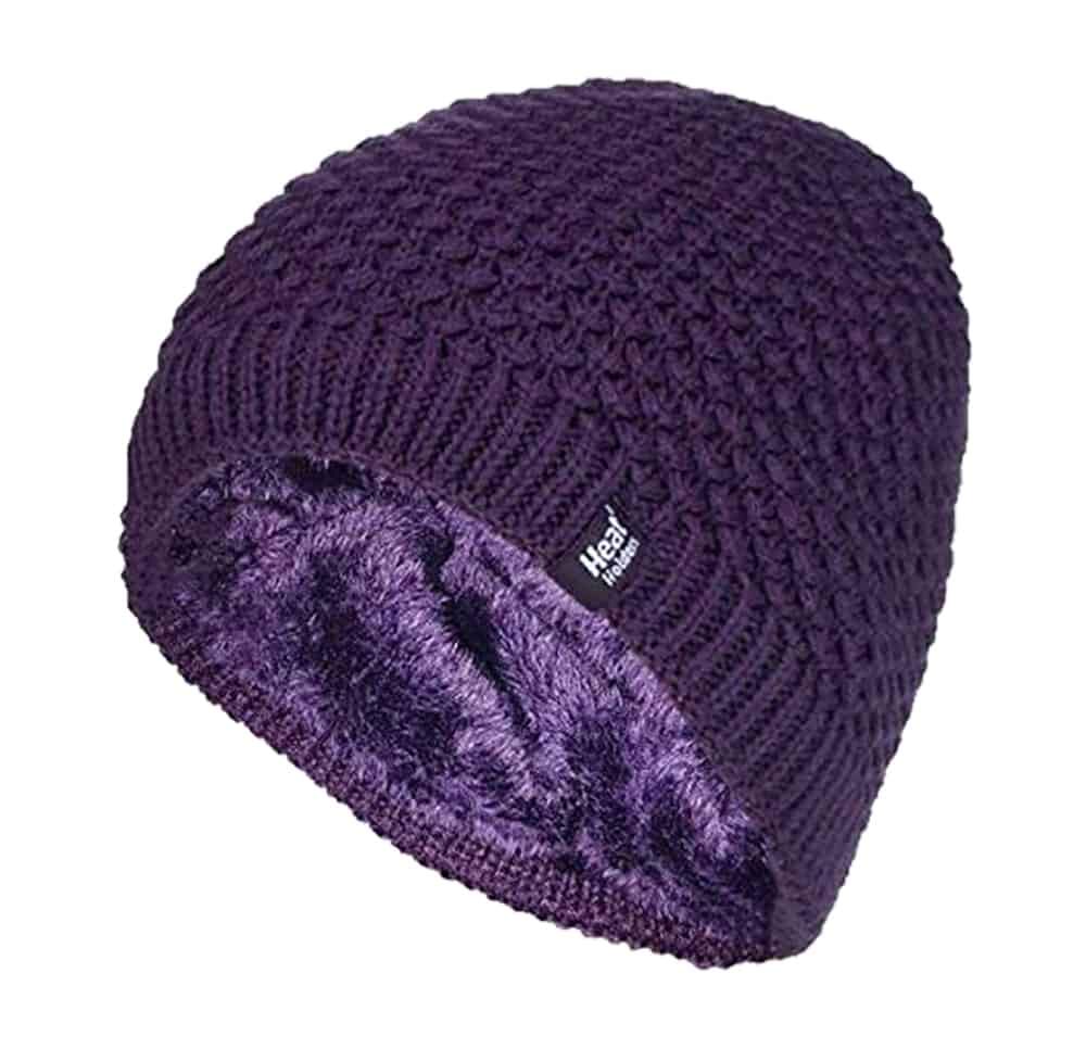 HEAT HOLDERS - Ladies Crochet Knit Style Fleece Lined Warm Thermal Winter Beanie Hat (One Size, Purple (Nora))