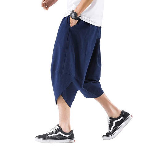PRIJOUHE Men's Harem Capri Pants, Wide Leg Mens Capris, Summer Linen Pants