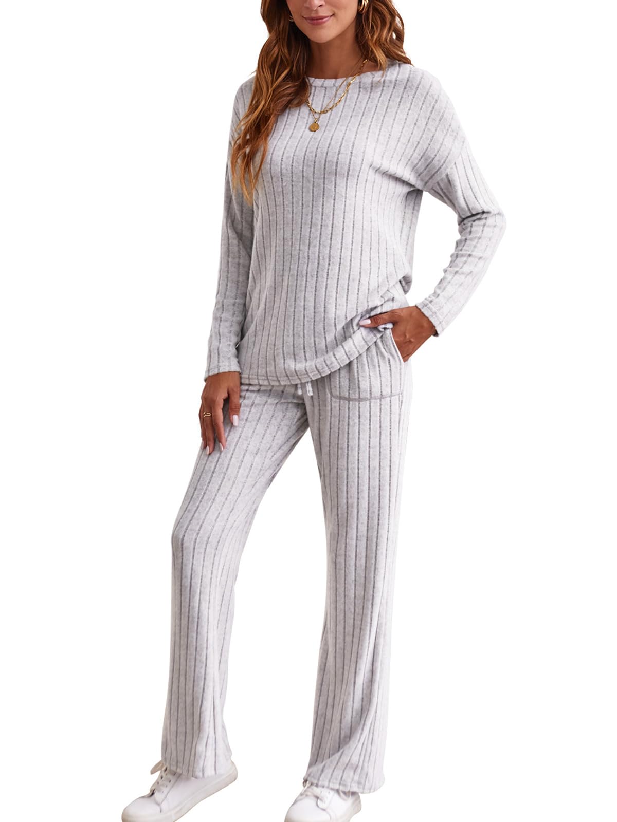 Sumtory Wide Leg Two Piece Outfit for Women Leisure Wear Cozy Lounge Sets Airport Outfits Grey