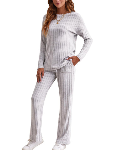 Sumtory Wide Leg Two Piece Outfit for Women Leisure Wear Cozy Lounge Sets Airport Outfits Grey