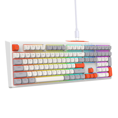 Gaming Keyboard, Plug and Play RGB Backlit Keyboard 108 Keys Silent for Home (Grey White Orange)