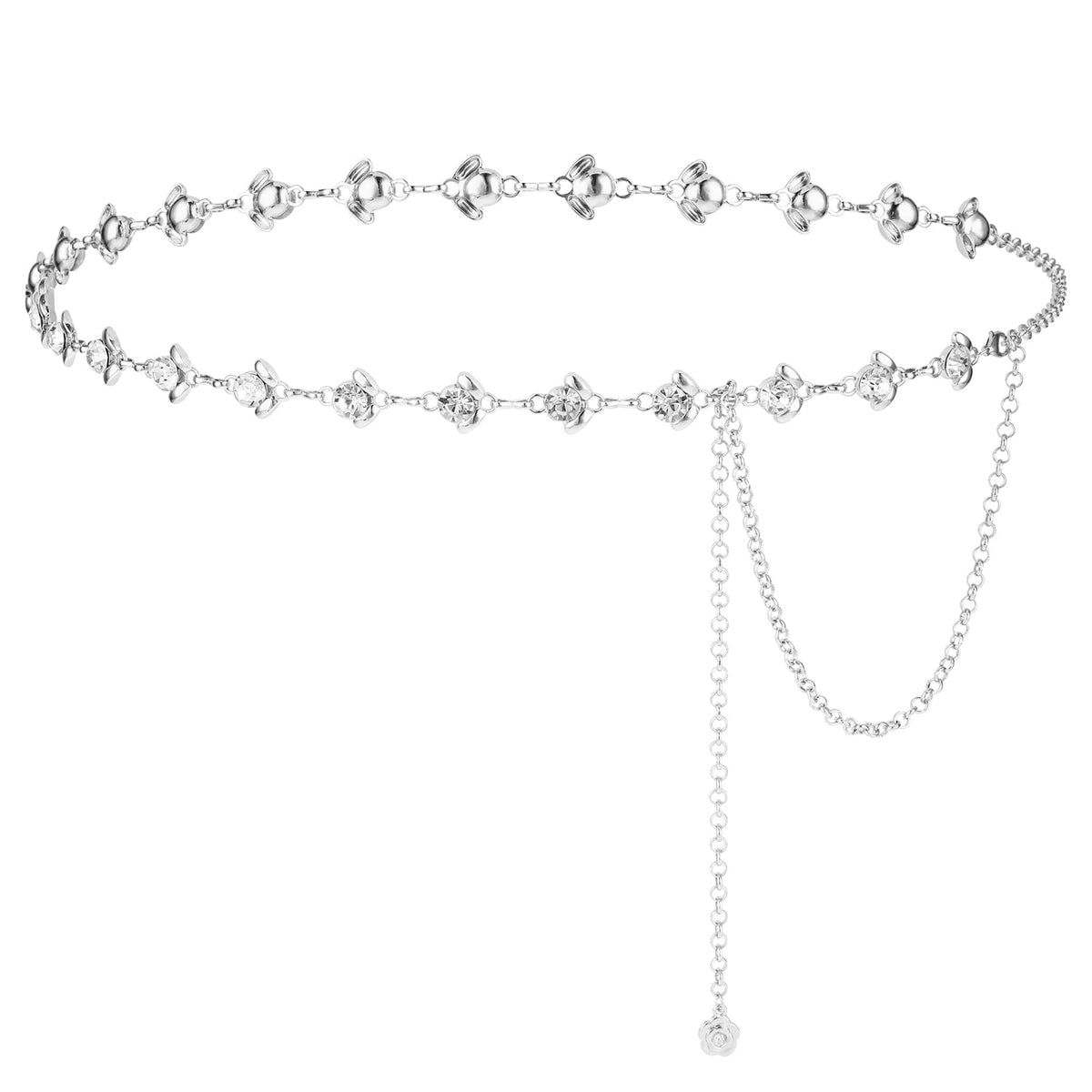 TIESOME Chain Belt for Women, Rhinestone Flower Waist Chain, Adjustable Crystal Waist Belts Bridal Wedding Belt for Dress (Silver,50.18in)