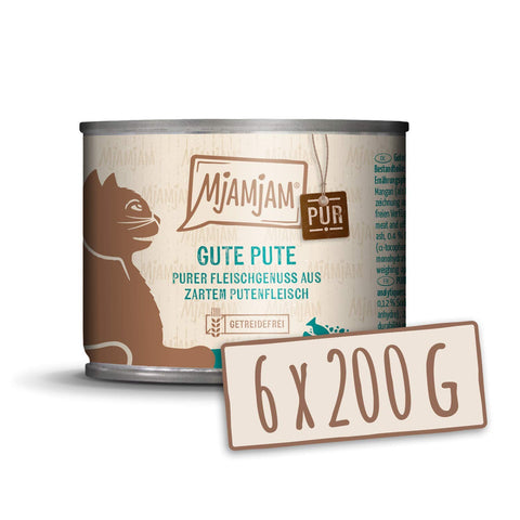 MjAMjAM - premium wet food for cats - pure meat enjoyment - good pure turkey, pack of 6 (6 x 200 g), grain-free with extra meat