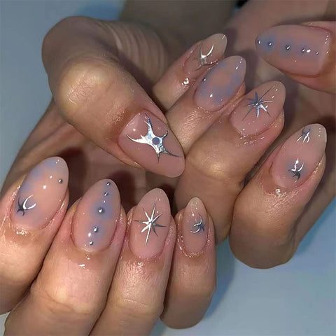 Fake Nails Short Pink Press on Nails Almond Shape Acrylic False Nails with Star Designs Stick on Artificial Nails for Women and Girls 24Pcs