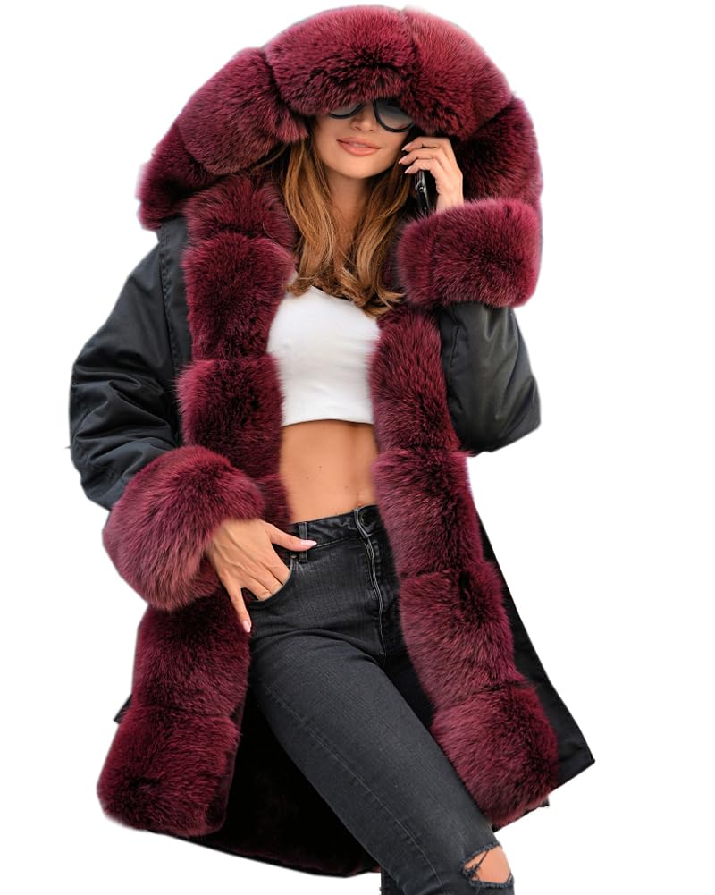 Aox Women Winter Burgundy Red Fur Long Black Coat Parka Ladies Outdoor Fleece Jacket with Warm Fuffly Hood (8, Red Faux Fur)