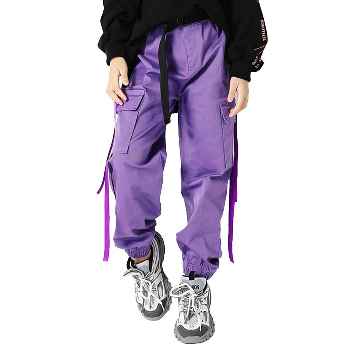 Kids Cargo Pants Trousers Jogger with Pockets for Girls Street Hip Hop Dance Costume Purple