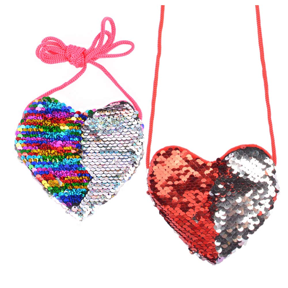 2 PCS Shiny Sequins Heart-Shaped Princess Mini Bags, Cute Little Girls' Shoulder Bag Handbag Purse, Cross Body Messenger Bag (Red + Colorful)