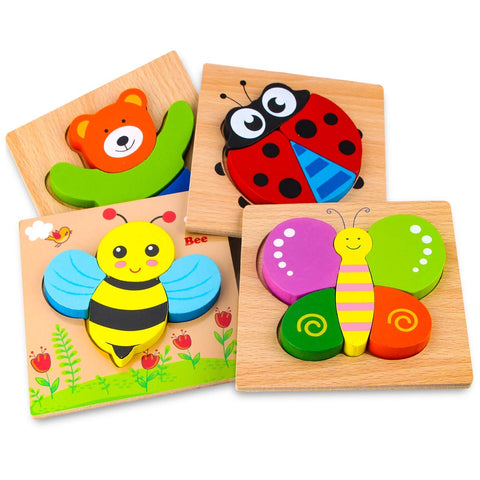 Afufu Wooden Jigsaw Puzzles for Toddlers 1 2 3 Years Old, Boys &Girls Educational Montessori Learning Toys Gift with 4 Animals Patterns, Bright Vibrant Color Shapes of Animal