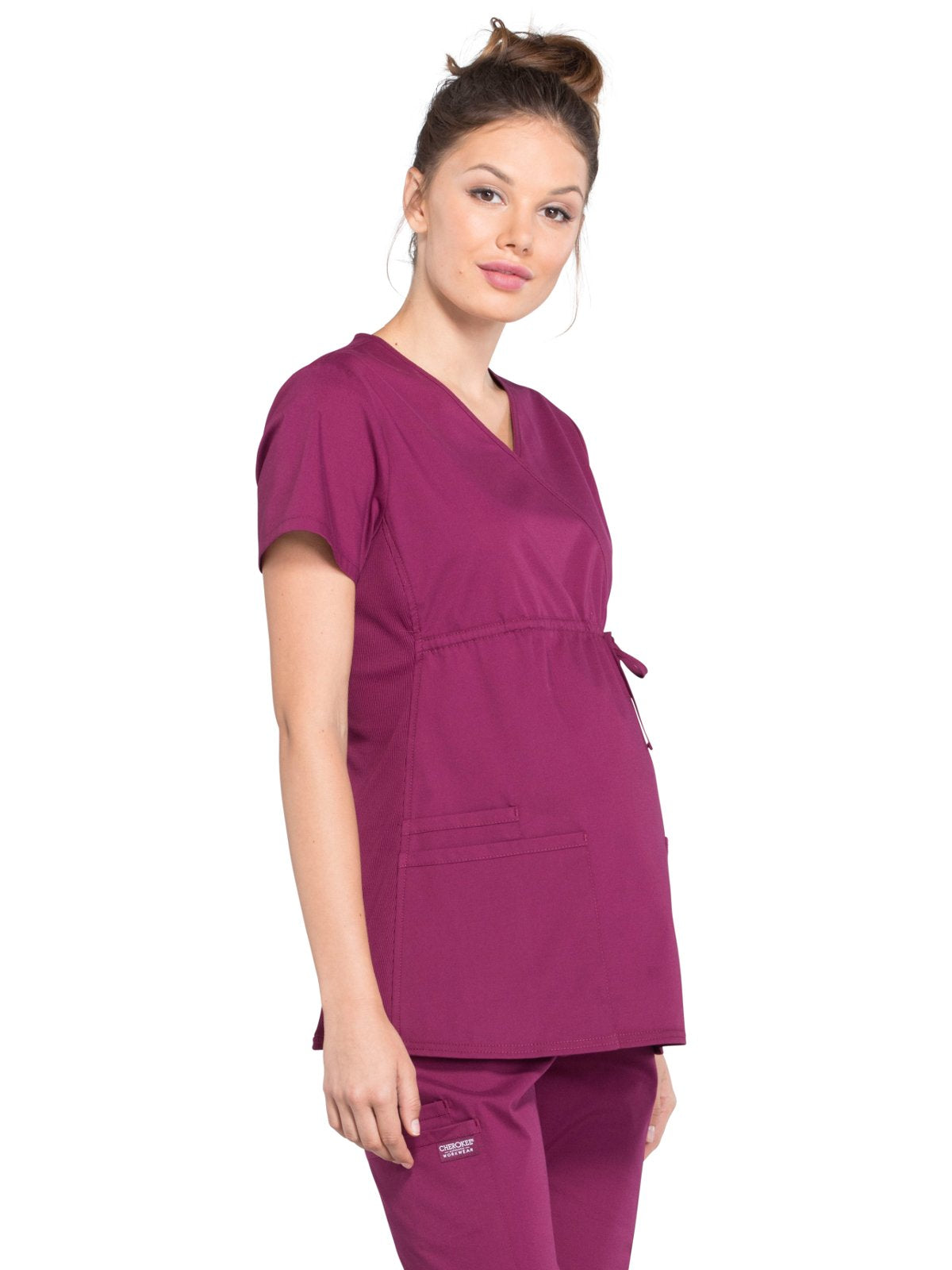 Cherokee Women's Maternity Scrub Top with 3 Pockets Mock Wrap WW685, XS, Wine
