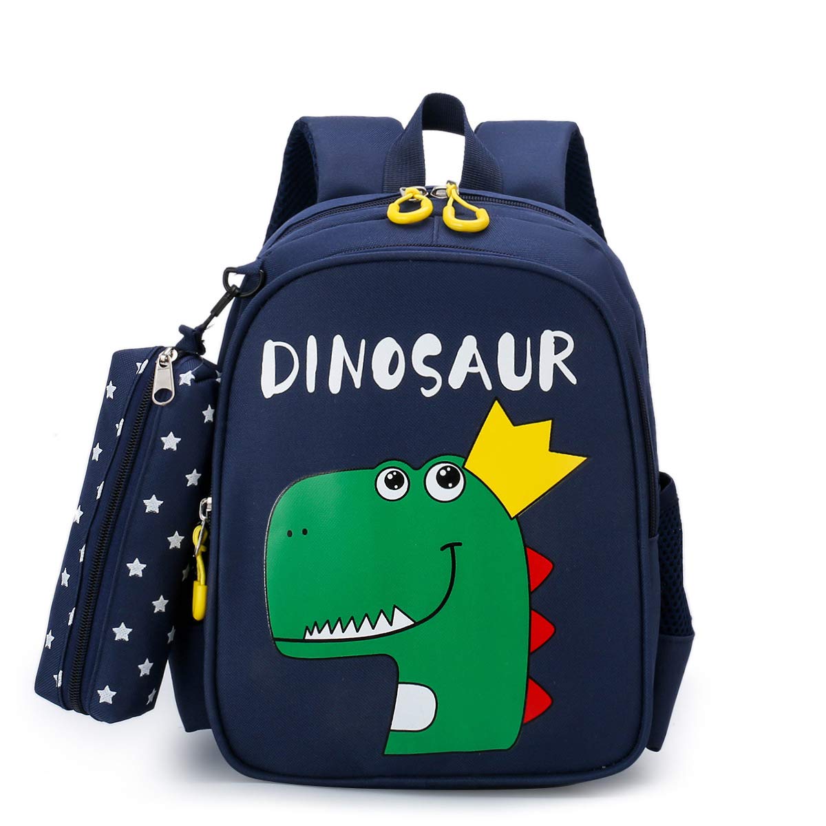 NICOLE ROSE Children's Dinosaur Backpack with Matching Star Studded Pencil Case - Boys Bag perfect for School & Travel, Cool T-REX Design, Kids Rucksack - Navy Blue