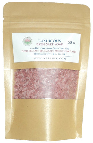 ATTIS Luxurious Bath Salt Soak with Helichrysum Essential Oil, Dead Sea Salt, Magnesium Flakes, Epsom Salt | Vegan | Hand made | Relaxing | Refreshing | Calming | (60g)