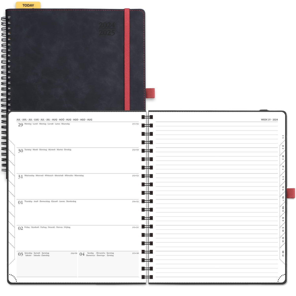 POPRUN 2025 Diary Week to View Large Spiral Bound PU Leather Soft Cover 26.5 x 21.5 cm - 24/25 Mid Year Weekly Appointment Planner & Notebook in One, Monthly Tab (Black)
