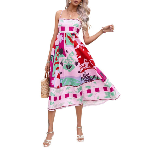 Women Summer Dress Print Spaghetti Strap Backless Midi Dress Casual Fashion Sleeveless Cami Dress (Rose Red, S)