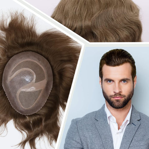 Civmo Men toupee Mono Lace with PU Toupee for Men 100? European Human Hair Replacement System Mens Toupee Men's Hairpiece Wigs for men (#18 Dark Blonde Brown Color)