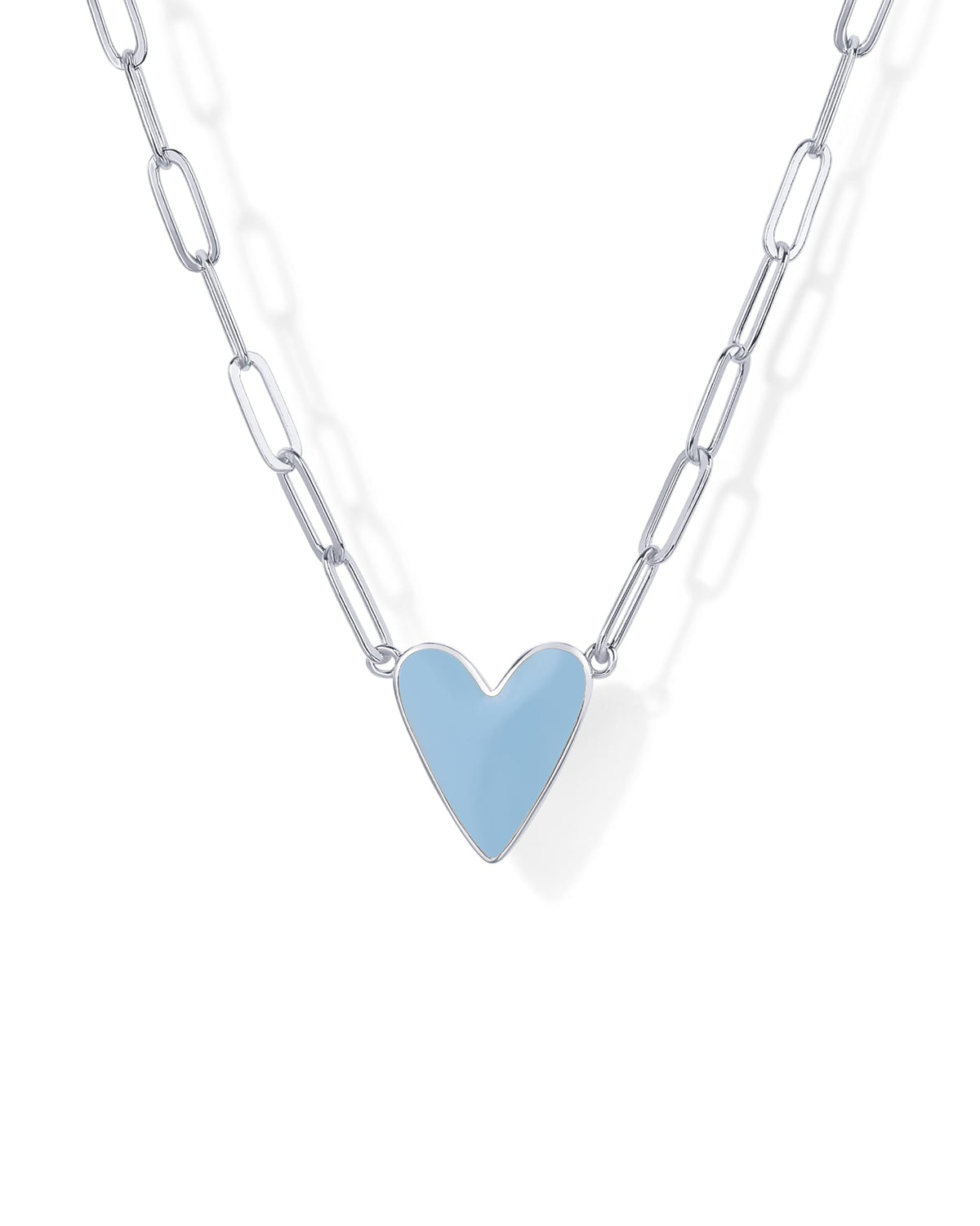 PAVOI Rhodium Plated Heart Blue Enamel Pendant Necklace for Women | Love Paperclip Chain Necklaces | Blue Enamel Heart Pendants