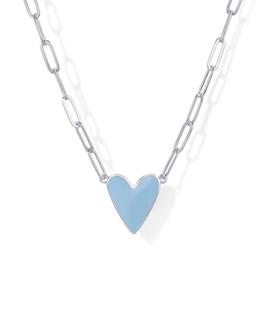 PAVOI Rhodium Plated Heart Blue Enamel Pendant Necklace for Women | Love Paperclip Chain Necklaces | Blue Enamel Heart Pendants