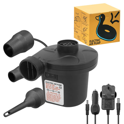 Jsdoin Electric Pump for inflatables with 3 Nozzles, AC 240V/DC 12V 50W High Power Electric Air Pump for Air Bed Mattress Inflatables Paddling Pool Beach Toys, Fill Inflator Deflator, Black, Biger