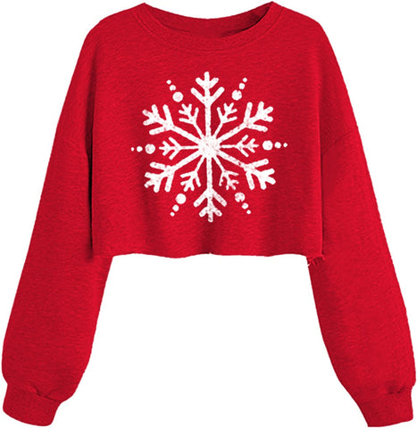 Nakater Women's Funny Christmas Graphic Crop Sweatshirts Xmas Holiday Party Casual Lantern Long Sleeve Pullover Tops, 02ared, Large