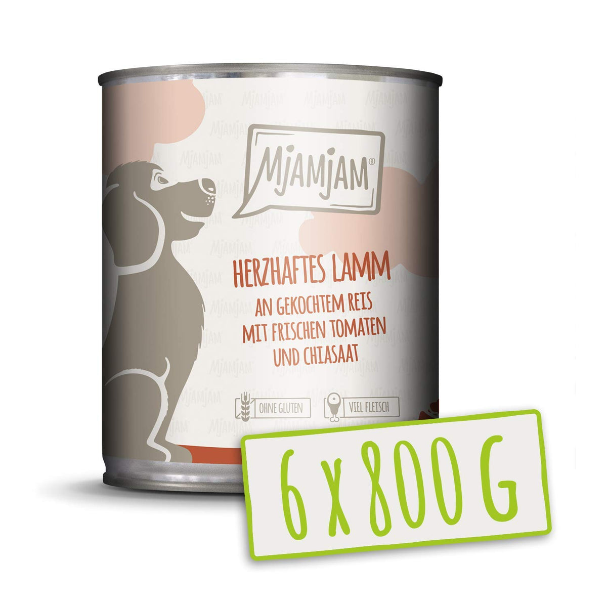 MjAMjAM - premium wet food for dogs - hearty lamb on boiled rice with fresh tomatoes, pack of 6 (6 x 800 g), natural with extra meat