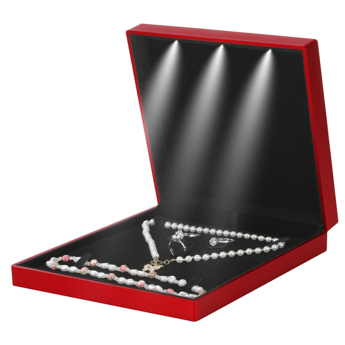 Large Velvet Jewelry Set Gift Box, Necklace Box With LED Light, Elegant Velvet Gift Box For Bracelet Necklace Earring Ring (Red)