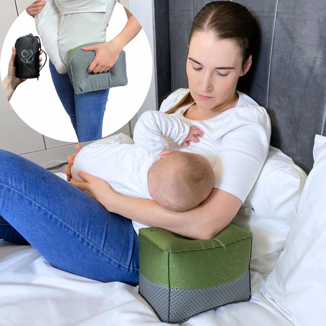 Breast Intentions ÃƒÆ’Ã†â€™ÃƒÂ¢Ã¢â€šÂ¬Ã…Â¡ÃƒÆ’Ã¢â‚¬Å¡Ãƒâ€šÃ‚Â® Portable Nursing Pillow, Inflatable Breastfeeding Pillow with Adjustable Height and Firmness, Arm Rest for Supporting Baby and Toddler, Baby Feeding Support Block + 1 Storage Pouch