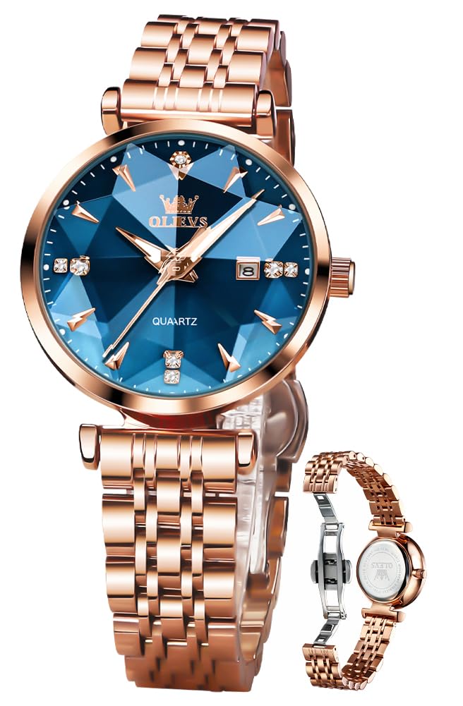 OLEVS Watch for Women Fashion Quartz Date Waterproof Stainless Steel Date Wrist Watches Gifts for Ladies Rose Gold BlueÃ¢â‚¬Â¦