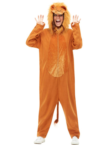 Smiffys Lion Costume, Brown with Hooded Jumpsuit, Party Animals Fancy Dress, Animal Dress Up Costumes