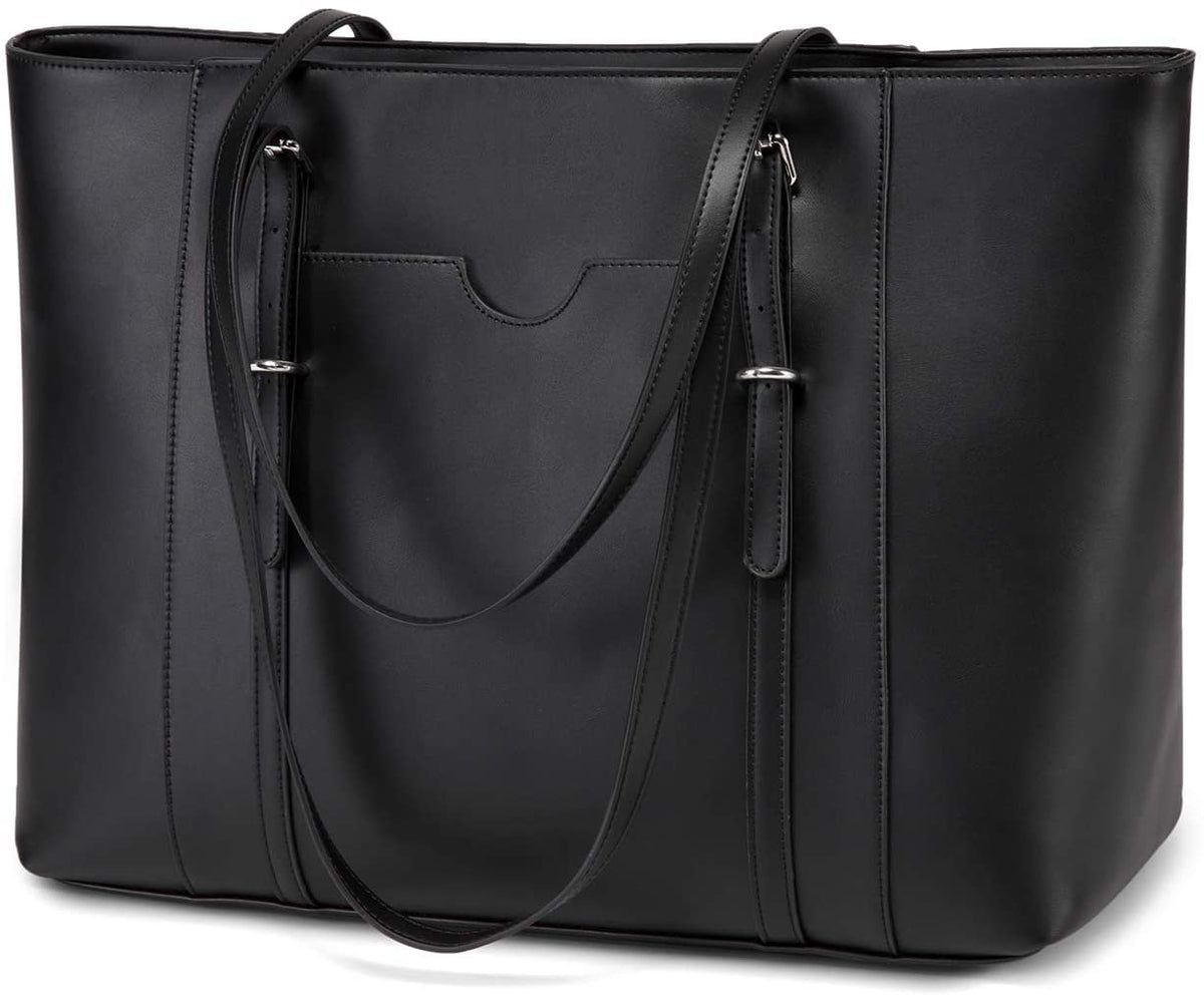 VASCHY Laptop Tote Bag for Women, PU Leather Water Resistant Handbag for Travel, Work, School Teacher Shoulder Bag Fits 15.6 inch Laptop (Black)