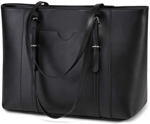 VASCHY Laptop Tote Bag for Women, PU Leather Water Resistant Handbag for Travel, Work, School Teacher Shoulder Bag Fits 15.6 inch Laptop (Black)